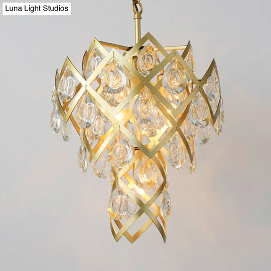 Gold Mid Century Crisscross Chandelier With 4 Faceted Crystal Pendant Lights