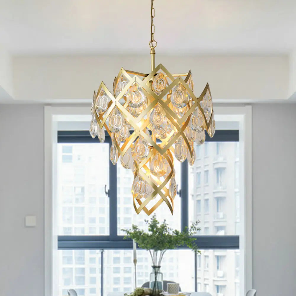 Gold Mid Century Crisscross Chandelier With 4 Faceted Crystal Pendant Lights