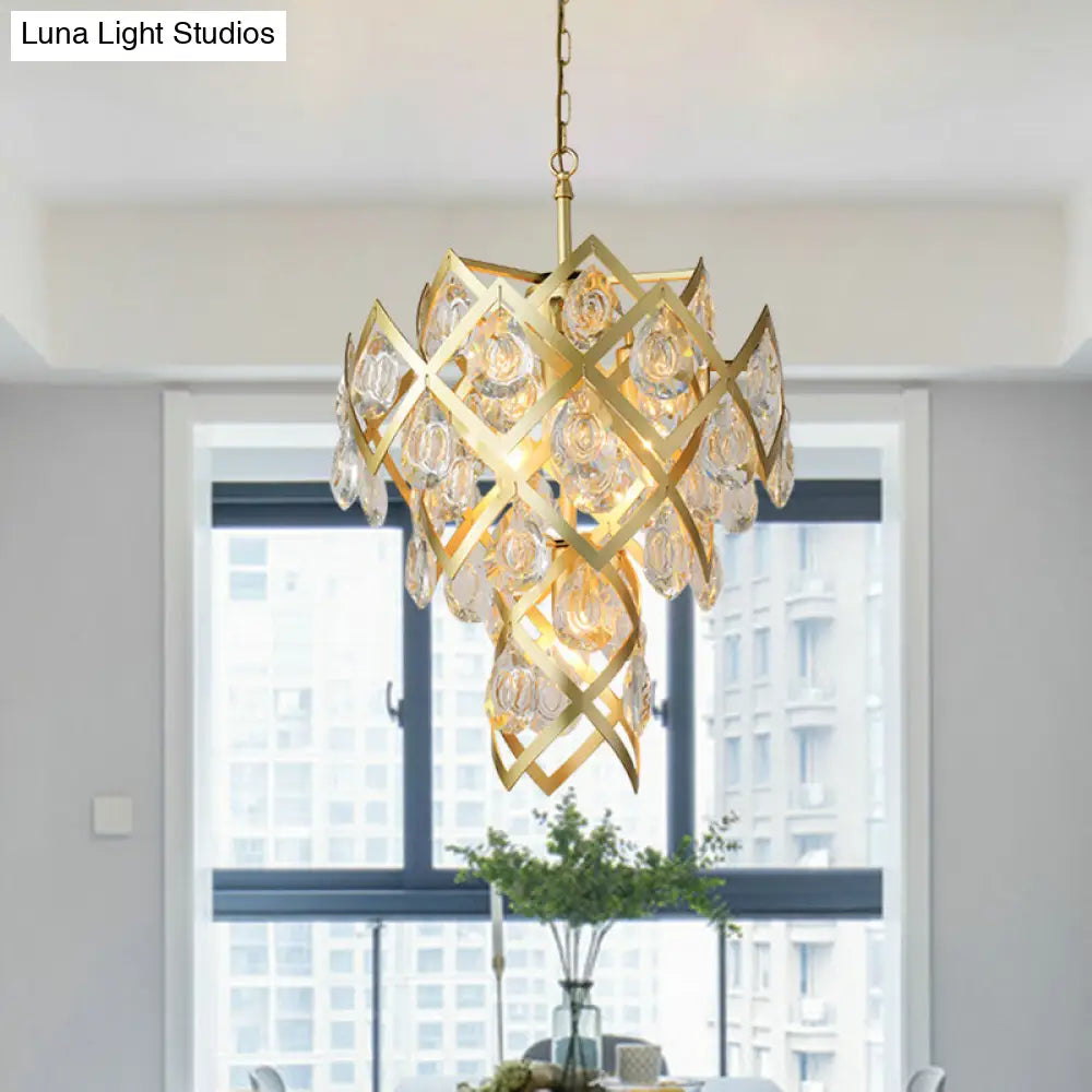 Gold Crisscrossed Chandelier With 4 Lights And Faceted Crystal Drip Pendant