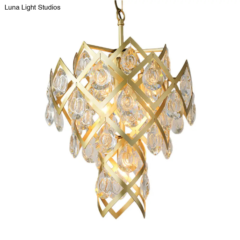 Gold Crisscrossed Chandelier With 4 Lights And Faceted Crystal Drip Pendant