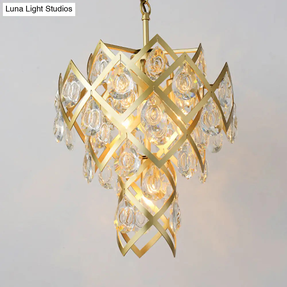 Gold Crisscrossed Chandelier With 4 Lights And Faceted Crystal Drip Pendant