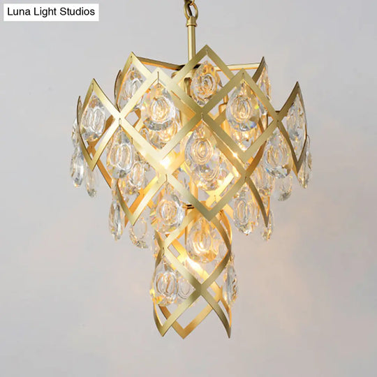 Gold Crisscrossed Chandelier With 4 Lights And Faceted Crystal Drip Pendant