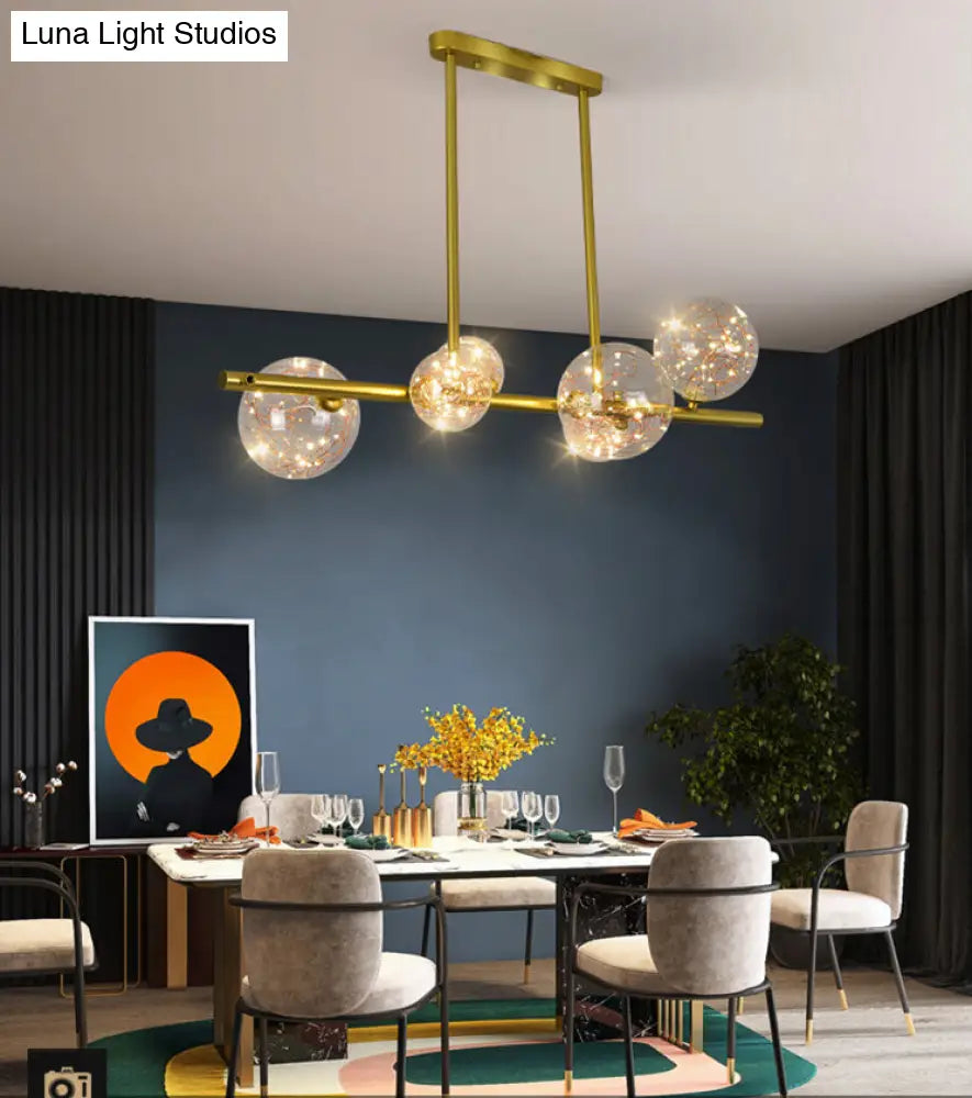 Gold Mid-Century Pendant Light - Stylish Spherical Clear Glass Ceiling Fixture For Dining Table