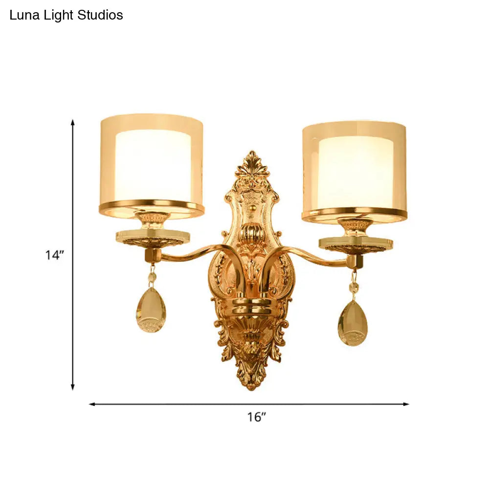 Gold Mid-Century Sconce With Clear & Frosted Glass And Crystal Drop 2 Heads