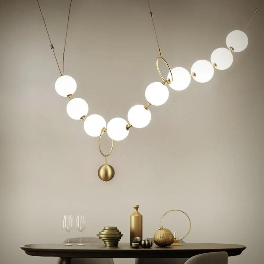 Gold Milk Glass Chandelier With Necklace-Shaped Dining Table Design - 10 Lights Simple Hanging Light