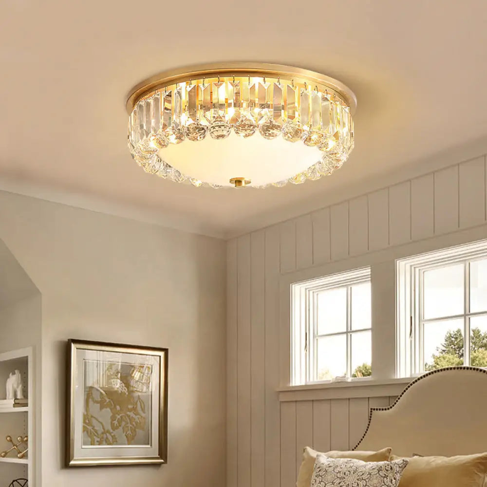 Gold Milk Glass Dome Ceiling Mount Light With Crystal Accent - Postmodern 4 - Bulb Flush Lamp