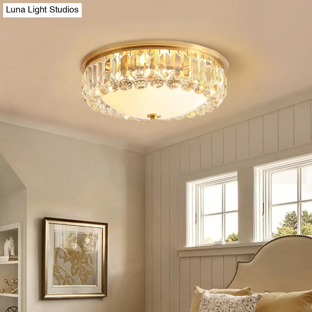 Gold Milk Glass Dome Ceiling Mount Light With Crystal Accent - Postmodern 4-Bulb Flush Lamp