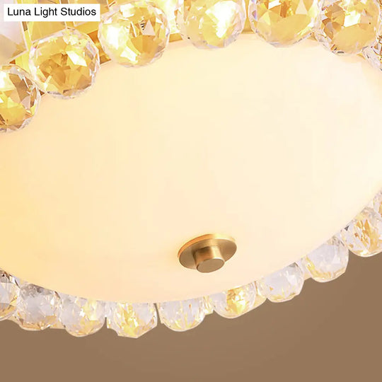 Gold Milk Glass Dome Ceiling Mount Light With Crystal Accent - Postmodern 4-Bulb Flush Lamp