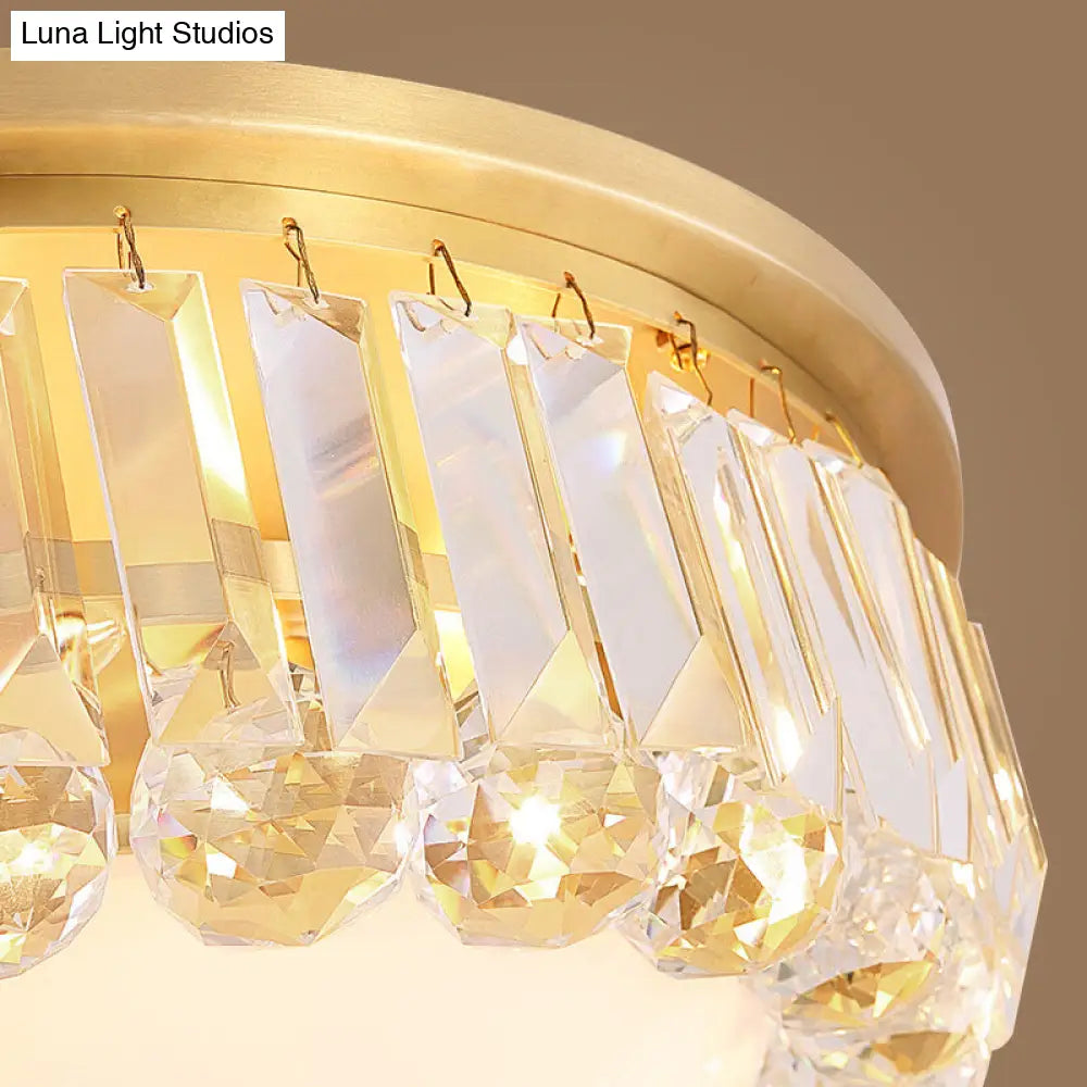 Gold Milk Glass Dome Ceiling Mount Light With Crystal Accent - Postmodern 4-Bulb Flush Lamp