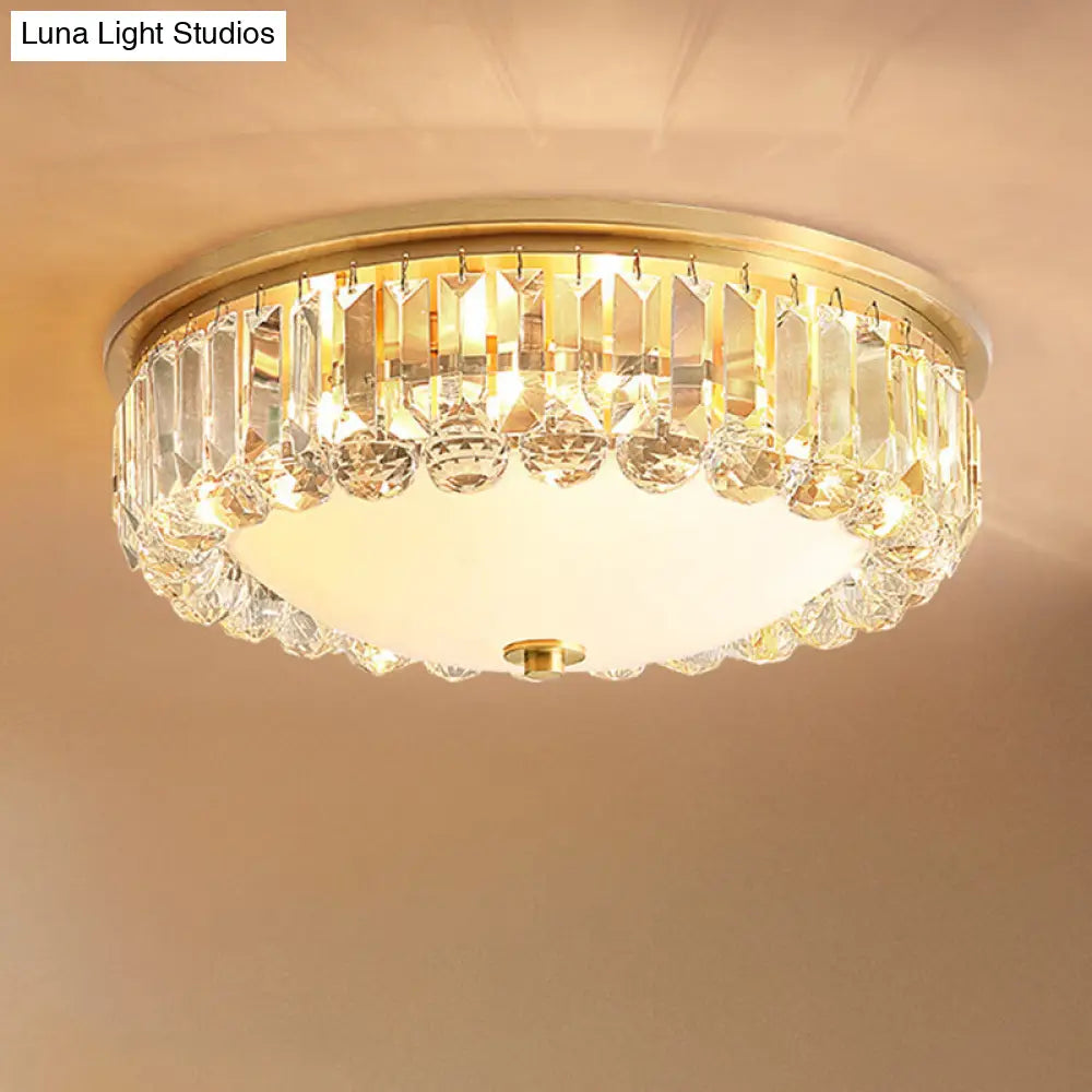 Gold Milk Glass Dome Ceiling Mount Light With Crystal Accent - Postmodern 4-Bulb Flush Lamp