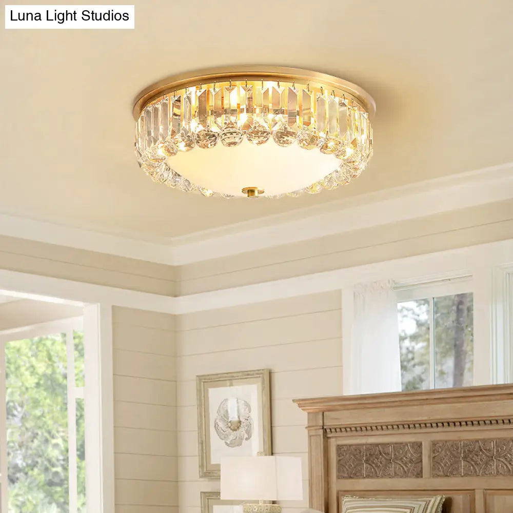 Gold Milk Glass Dome Ceiling Mount Light With Crystal Accent - Postmodern 4-Bulb Flush Lamp