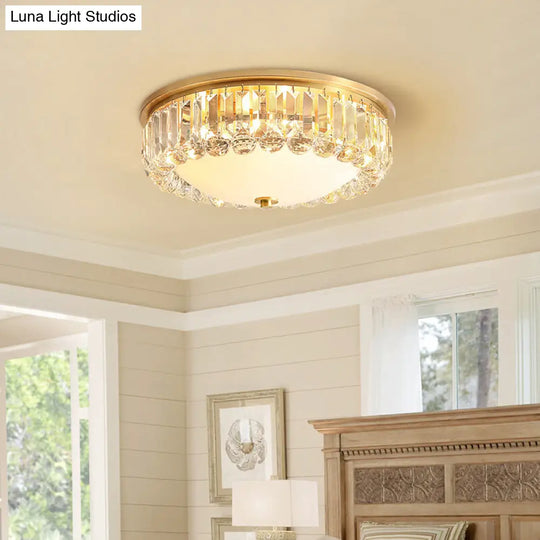 Gold Milk Glass Dome Ceiling Mount Light With Crystal Accent - Postmodern 4-Bulb Flush Lamp