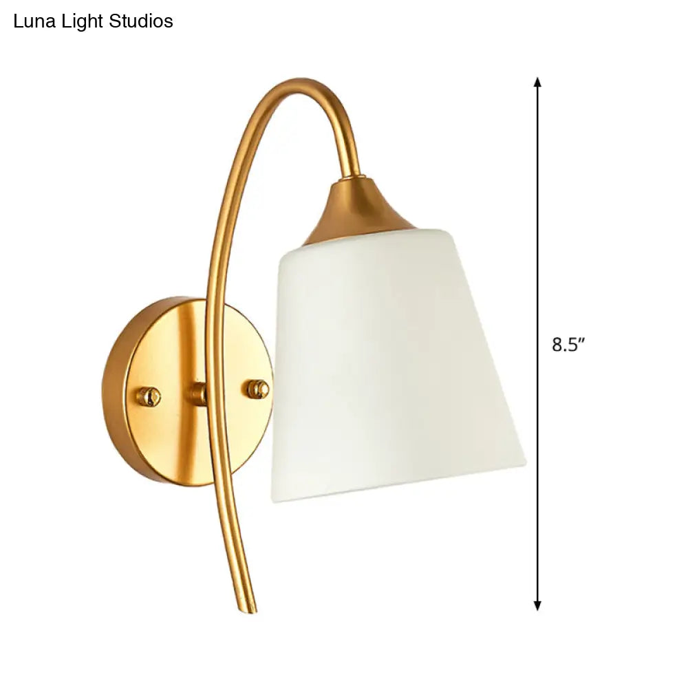 Gold Milk Glass Tapered Sconce With Metal Gooseneck Arm - Contemporary Wall Light Fixture