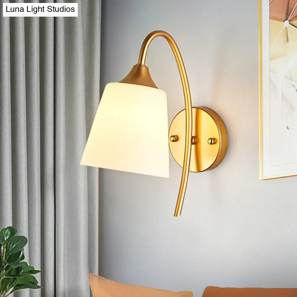 Gold Milk Glass Tapered Sconce With Metal Gooseneck Arm - Contemporary Wall Light Fixture