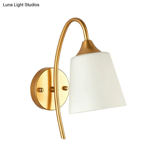 Gold Milk Glass Tapered Sconce With Metal Gooseneck Arm - Contemporary Wall Light Fixture