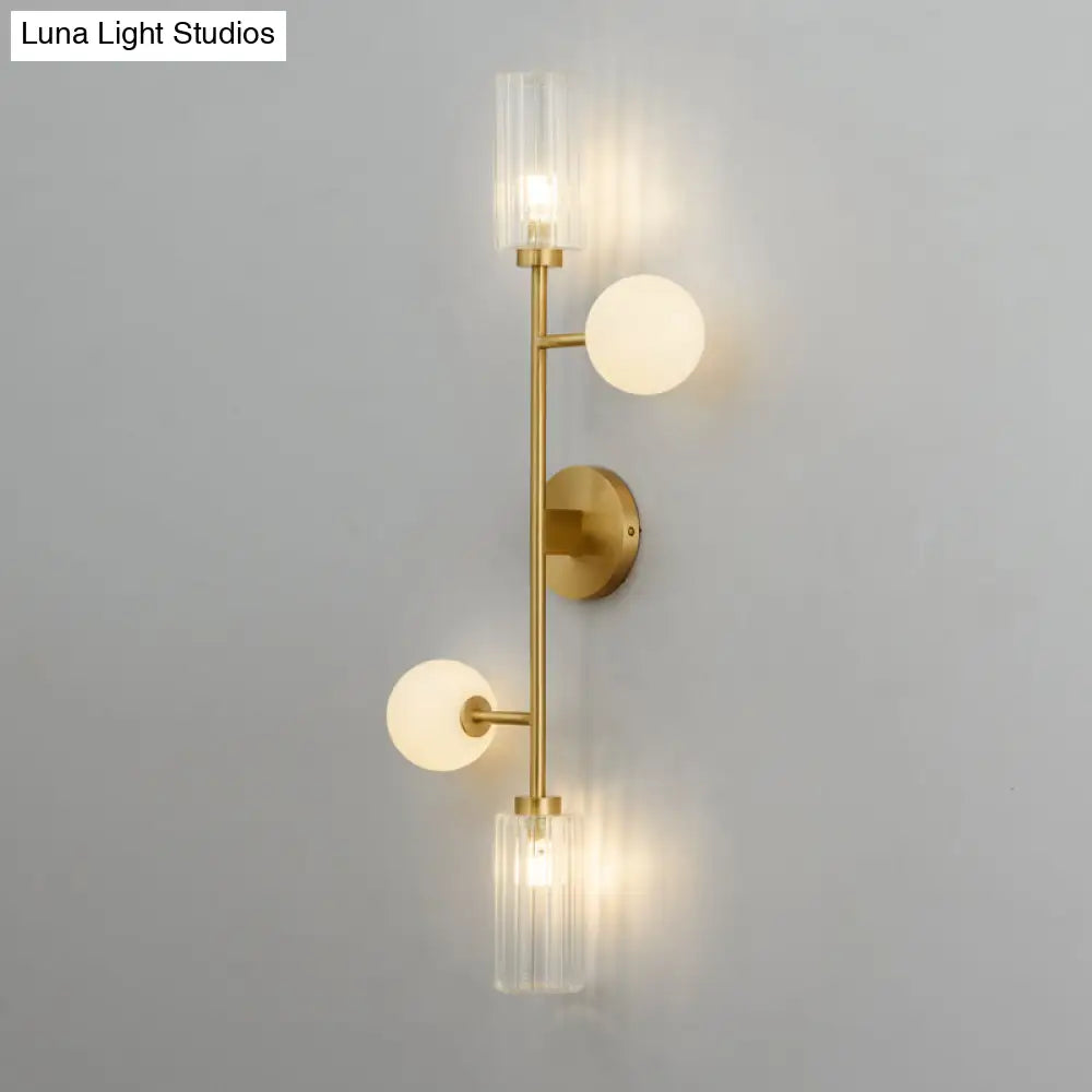 Gold Milk Glass Wall Sconce Light With Ribbed Arms Traditional 4-Head Fixture For Stairway