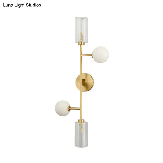 Gold Milk Glass Wall Sconce Light With Ribbed Arms Traditional 4-Head Fixture For Stairway