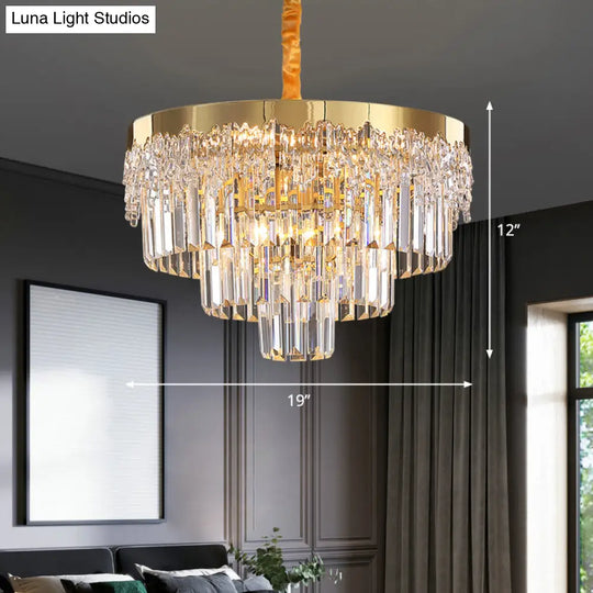 Gold Minimalist Crystal Rod Chandelier - 3-Layer Bedroom Lighting Fixture