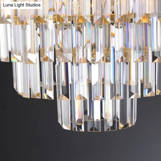 Gold Minimalist Crystal Rod Chandelier - 3-Layer Bedroom Lighting Fixture