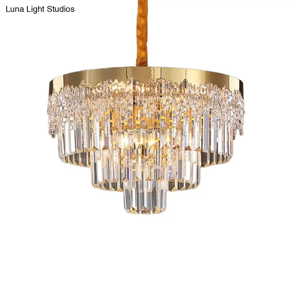 Gold Minimalist Crystal Rod Chandelier - 3-Layer Bedroom Lighting Fixture