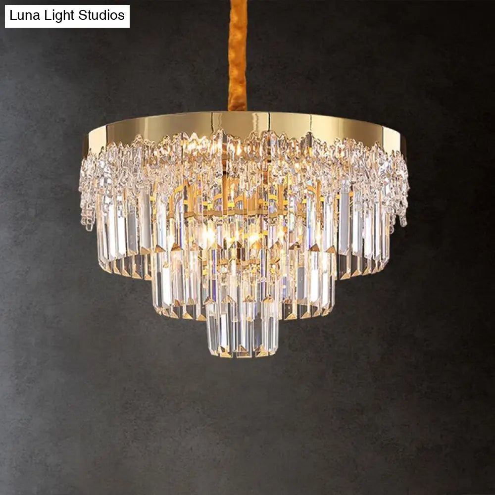 Gold Minimalist Crystal Rod Chandelier - 3-Layer Bedroom Lighting Fixture