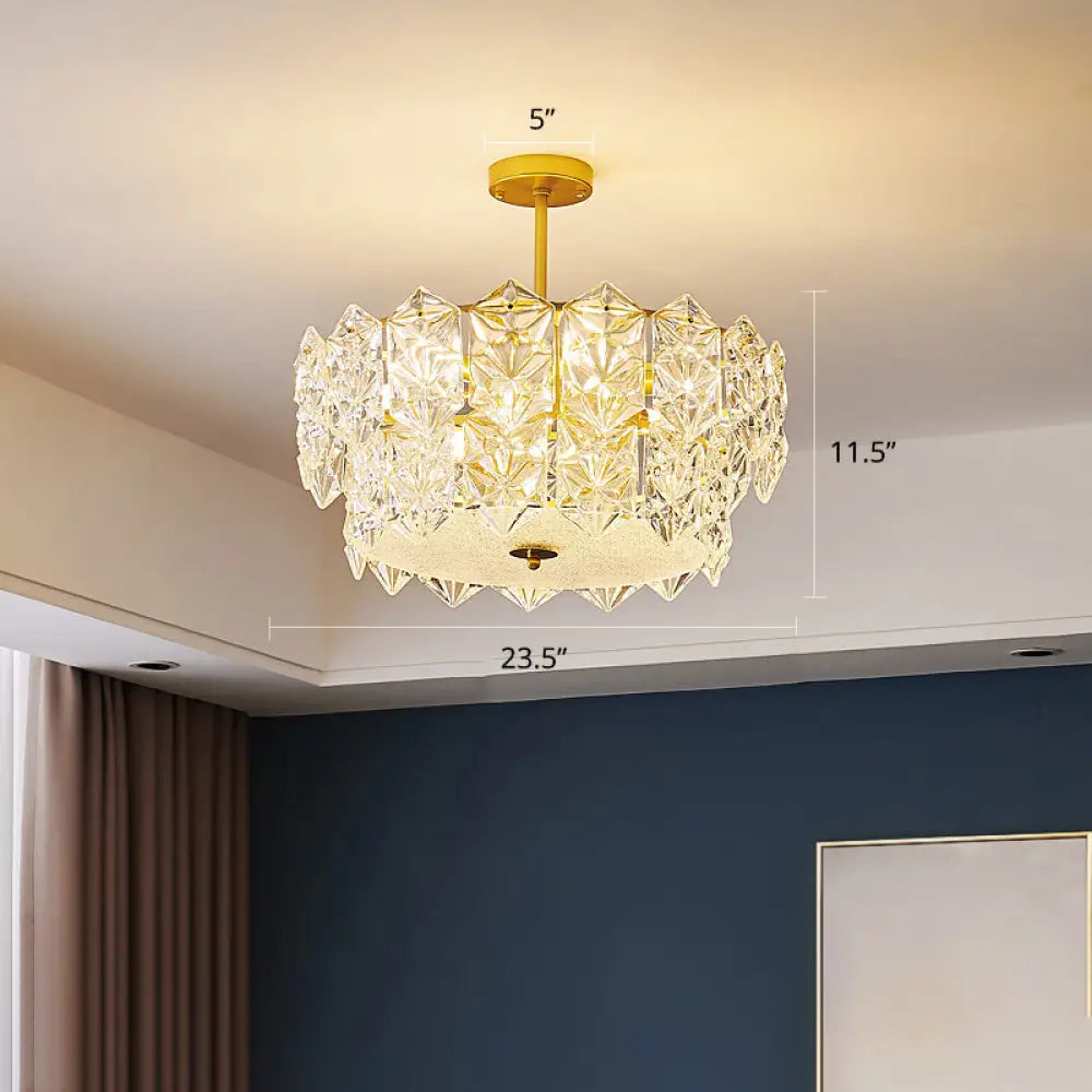 Gold Minimalist Chandelier With Crystal Hexagonal Shade - Living Room Ceiling Suspension Lamp /