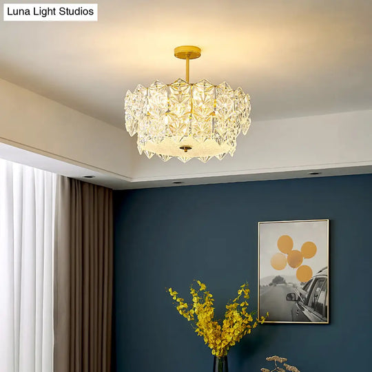 Gold Minimalist Chandelier With Crystal Hexagonal Shade - Living Room Ceiling Suspension Lamp