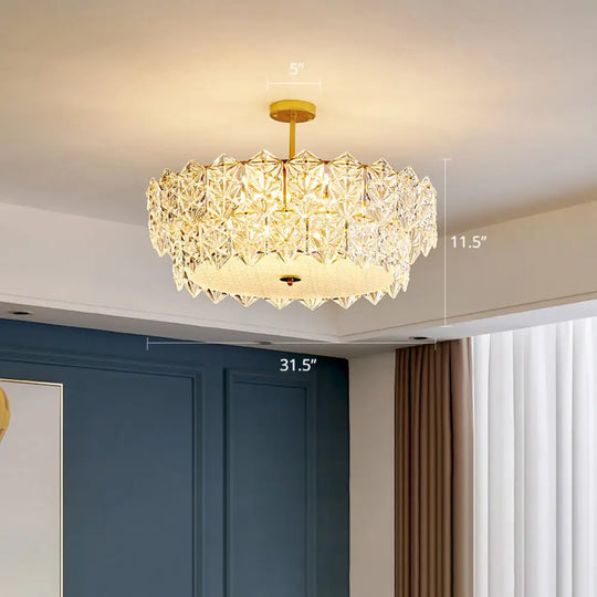 Gold Minimalist Chandelier With Crystal Hexagonal Shade - Living Room Ceiling Suspension Lamp /