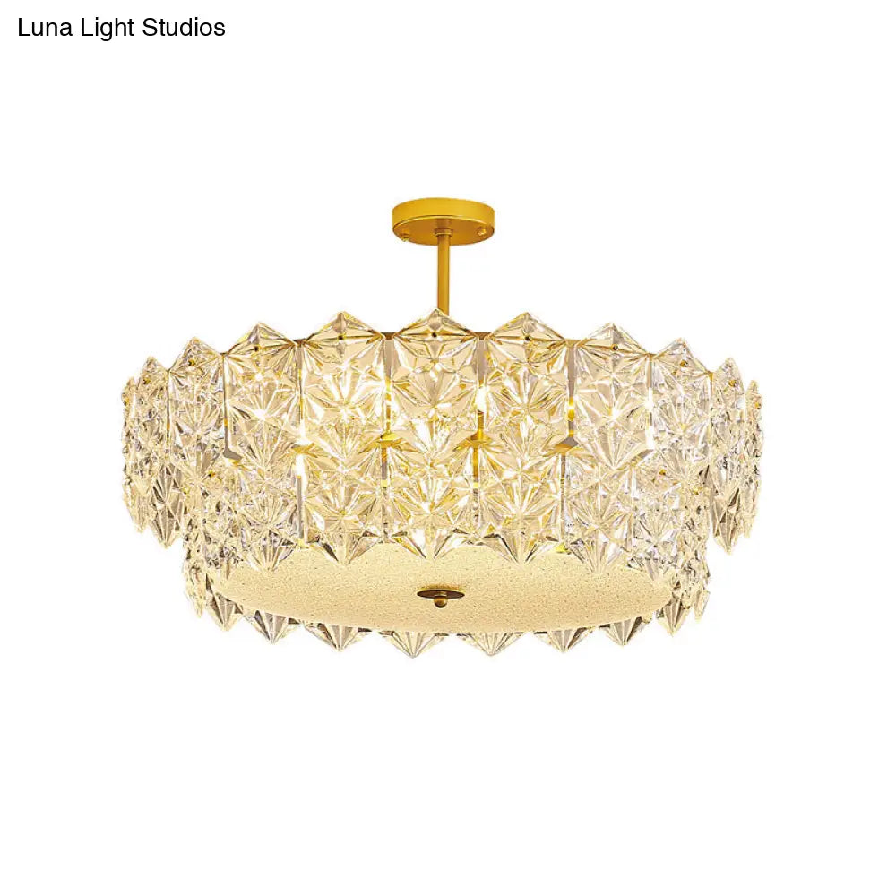 Gold Minimalist Chandelier With Crystal Hexagonal Shade - Living Room Ceiling Suspension Lamp