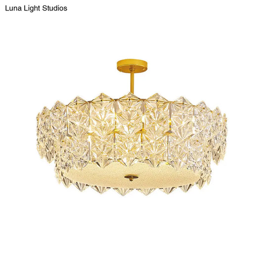 Gold Minimalist Chandelier With Crystal Hexagonal Shade - Living Room Ceiling Suspension Lamp