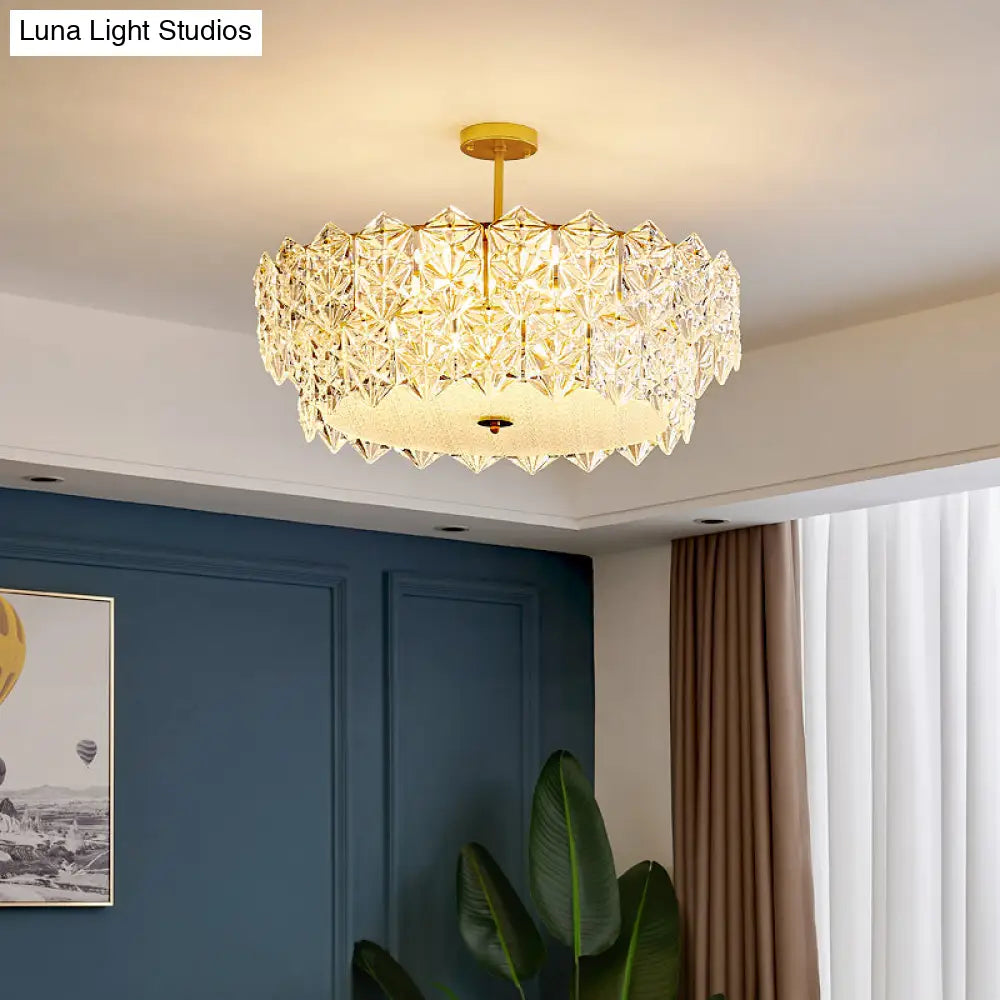 Gold Minimalist Chandelier With Crystal Hexagonal Shade - Living Room Ceiling Suspension Lamp