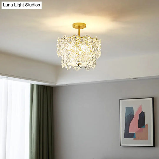 Gold Minimalist Chandelier With Crystal Hexagonal Shade - Living Room Ceiling Suspension Lamp