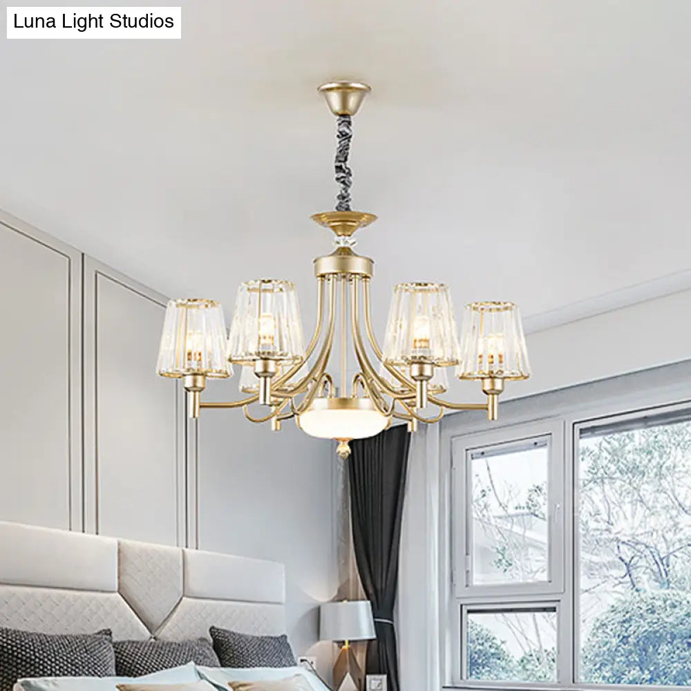 Gold Minimalist Cone Pendant Light With Clear Crystal Blocks - 3/6 Bulbs Perfect For Bedroom