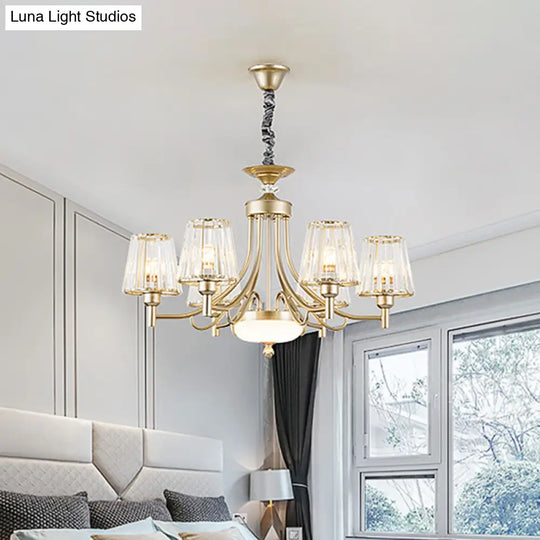 Gold Minimalist Cone Pendant Light With Clear Crystal Blocks - 3/6 Bulbs Perfect For Bedroom