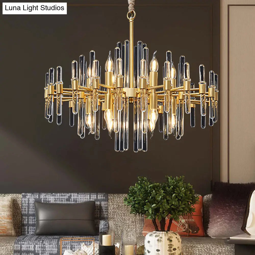 Gold Minimalist Pendant Light With Crystal Rod Decor - Metallic Radiating Chandelier