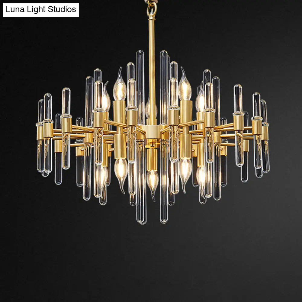 Gold Minimalist Pendant Light With Crystal Rod Decor - Metallic Radiating Chandelier