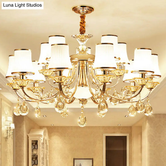 Modern Opal Ribbed Glass Chandelier In Gold For Living Room Bell Shade Hanging Lamp 15 /