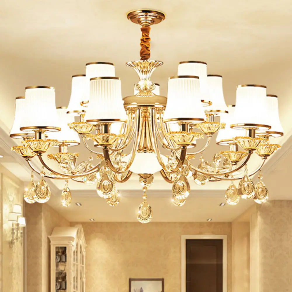 Gold Modern Chandelier With Opal Ribbed Glass Bell Shade: Living Room Hanging Lamp 15 /