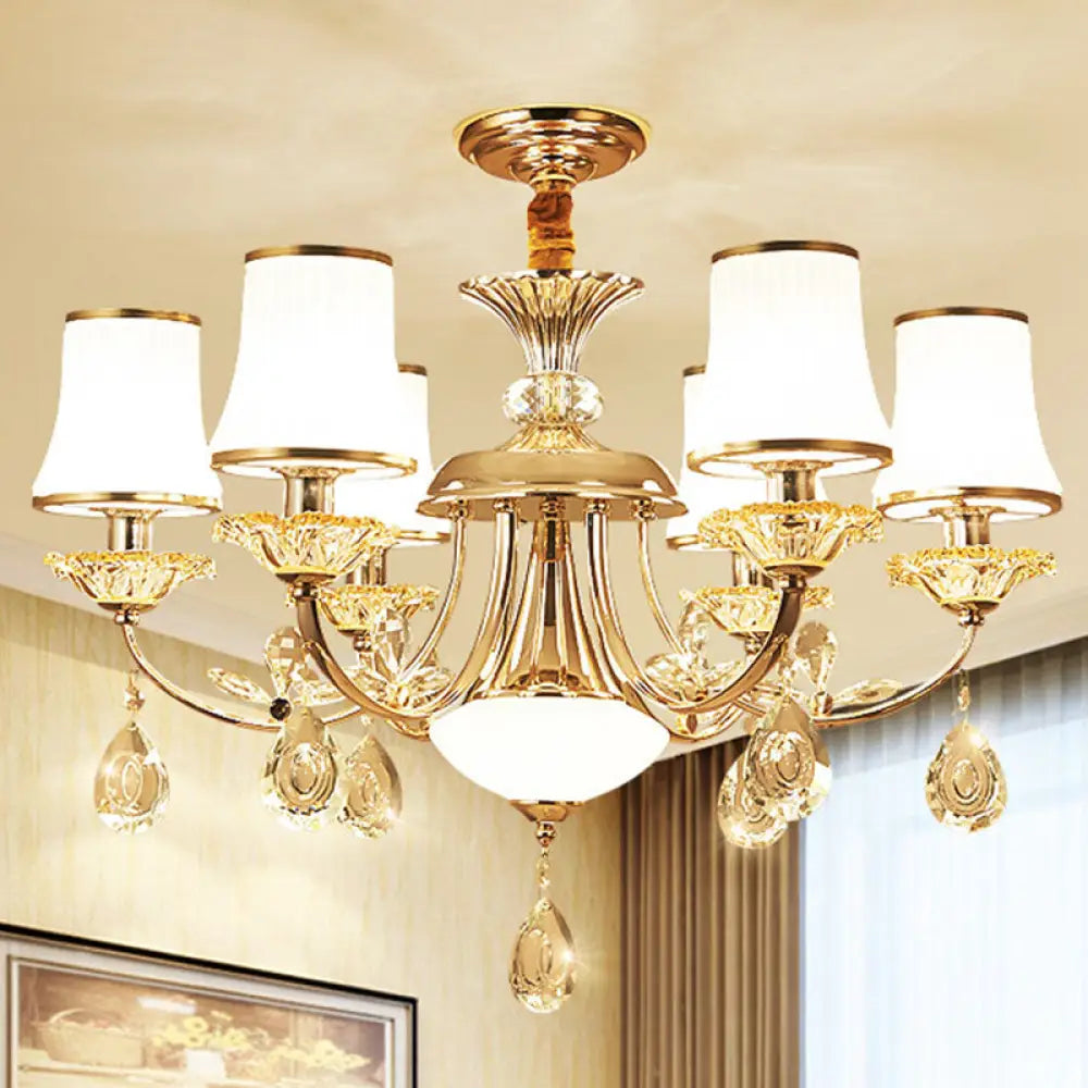 Gold Modern Chandelier With Opal Ribbed Glass Bell Shade: Living Room Hanging Lamp 6 /