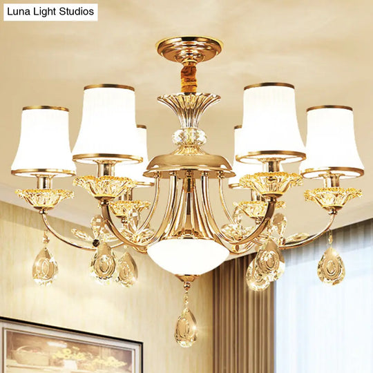 Modern Opal Ribbed Glass Chandelier In Gold For Living Room Bell Shade Hanging Lamp 6 /