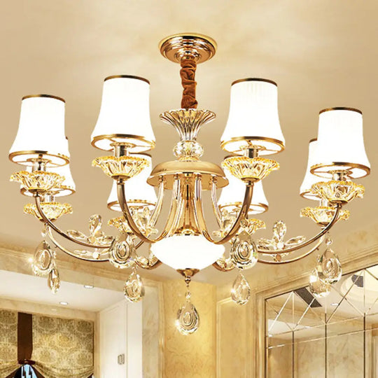 Gold Modern Chandelier With Opal Ribbed Glass Bell Shade: Living Room Hanging Lamp 8 /