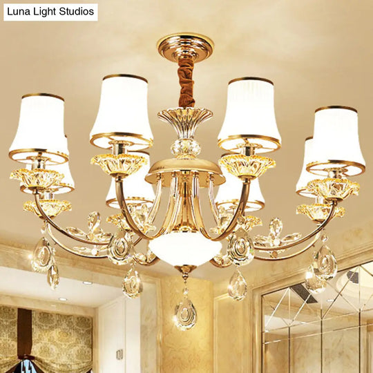 Modern Opal Ribbed Glass Chandelier In Gold For Living Room Bell Shade Hanging Lamp 8 /