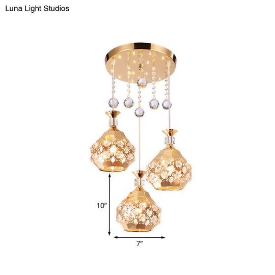 Modern Gold Dome Crystal Embedded Hanging Light With 3 Lights - Stylish Suspension Lamp For Dining