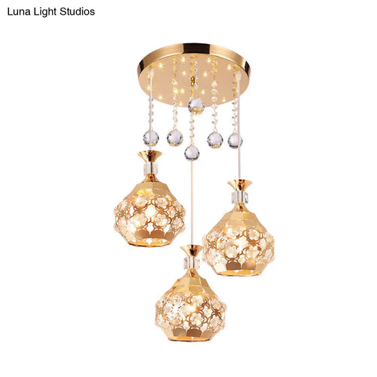 Modern Gold Dome Crystal Embedded Hanging Light With 3 Lights - Stylish Suspension Lamp For Dining