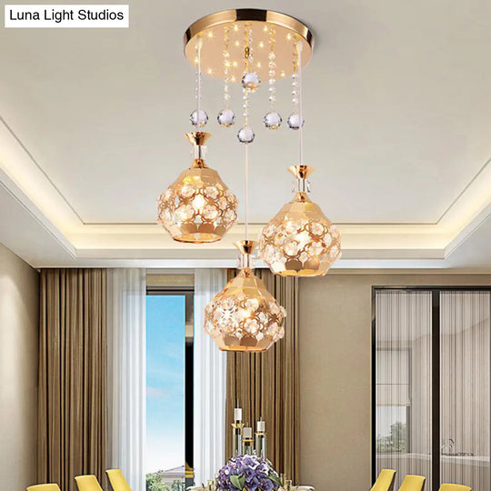 Modern Gold Dome Crystal Embedded Hanging Light With 3 Lights - Stylish Suspension Lamp For Dining