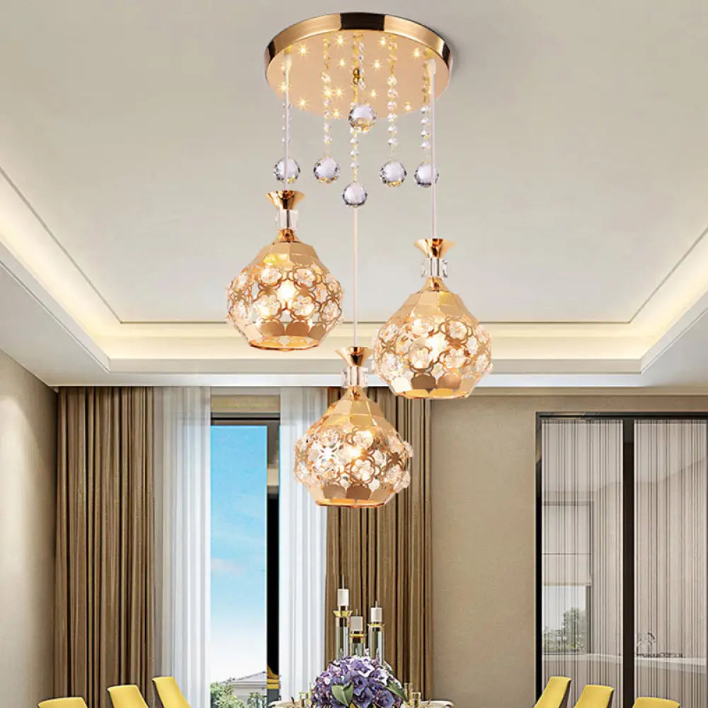 Gold Modern Crystal Chandelier With 3 Embedded Lights For Dining Room Dome Design Multi-Hanging