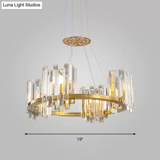 Modern Gold Crystal Annular Chandelier With Cubic Shade - 4/6 Bulbs Ceiling Lamp