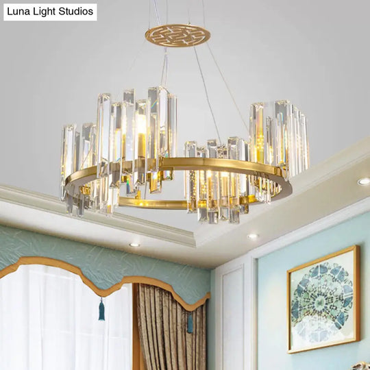 Modern Gold Crystal Annular Chandelier With Cubic Shade - 4/6 Bulbs Ceiling Lamp