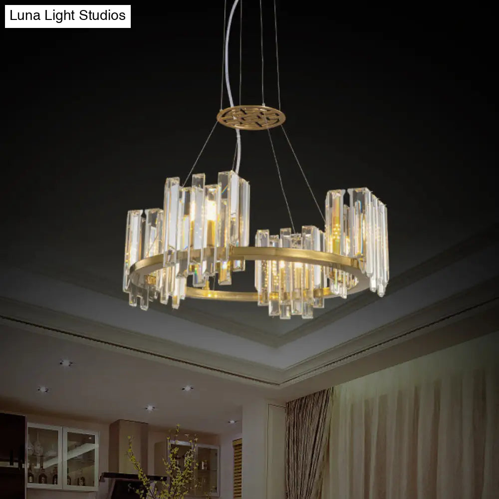 Modern Gold Crystal Annular Chandelier With Cubic Shade - 4/6 Bulbs Ceiling Lamp