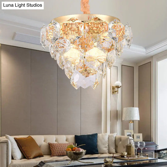 Modern Gold 14-Light Pendant Lamp: Multi-Layered Ceiling Fixture With Faceted Crystals Ideal For